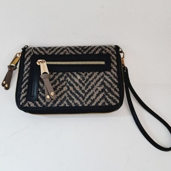 Spartina 499 Moonglow Leather & Linen Crossbody Clutch Black & Taupe - Picture 1 of 7